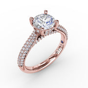 Classic Round Diamond Solitaire Engagement Ring With Double-Row Pavé Diamond Shank