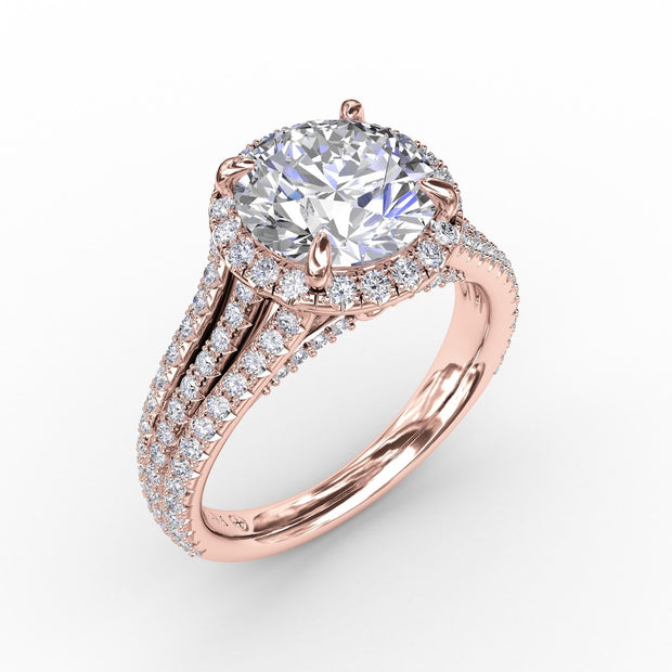 Round Diamond Halo Engagement Ring With Triple-Row Diamond Band