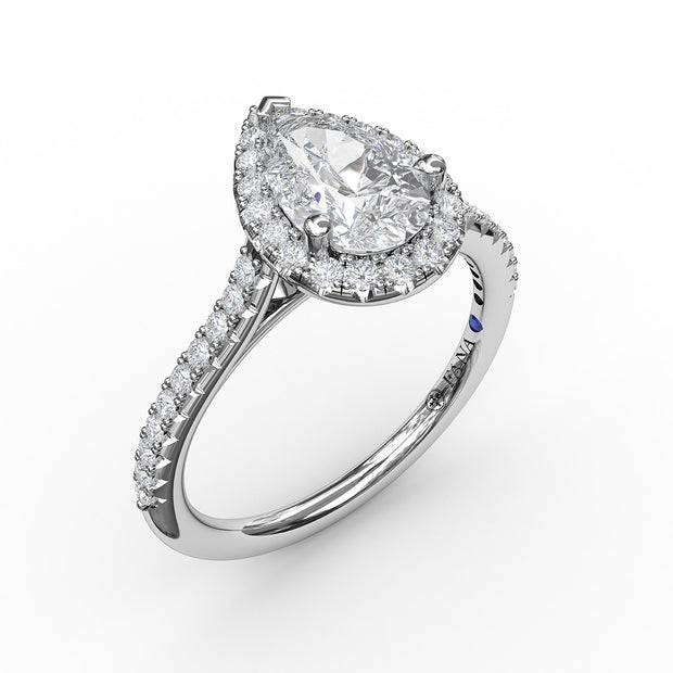 Delicate Pear Shaped Halo And Pave Band Engagement Ring