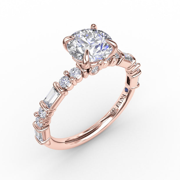 Contemporary Diamond Solitaire Engagement Ring With Baguettes and Round Diamond Accents