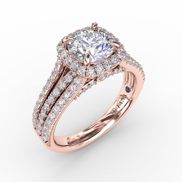 Cushion-Shaped Diamond Halo Engagement Ring With Triple-Row Diamond Band