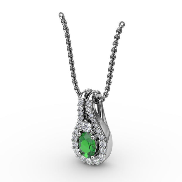 Halo Teardrop Emerald and Diamond Pendant