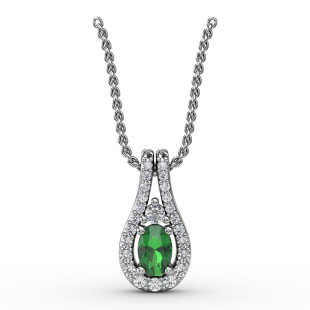 Halo Teardrop Emerald and Diamond Pendant