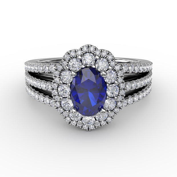 Sapphire and Diamond Triple Row Split Shank Ring