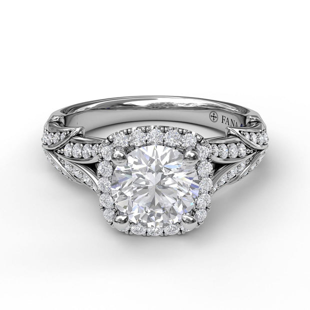 Cushion Halo Engagement Ring With Leaf Motif