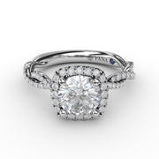 Classic Cushion Diamond Halo Engagement Ring With Cathedral Twist Diamond Band