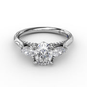 Classic Oval Three-Stone Diamond Engagement Ring With Pear-Shape Side Diamonds