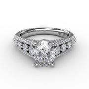 Classic Oval Diamond Solitaire Engagement Ring With Triple-Row Diamond Band