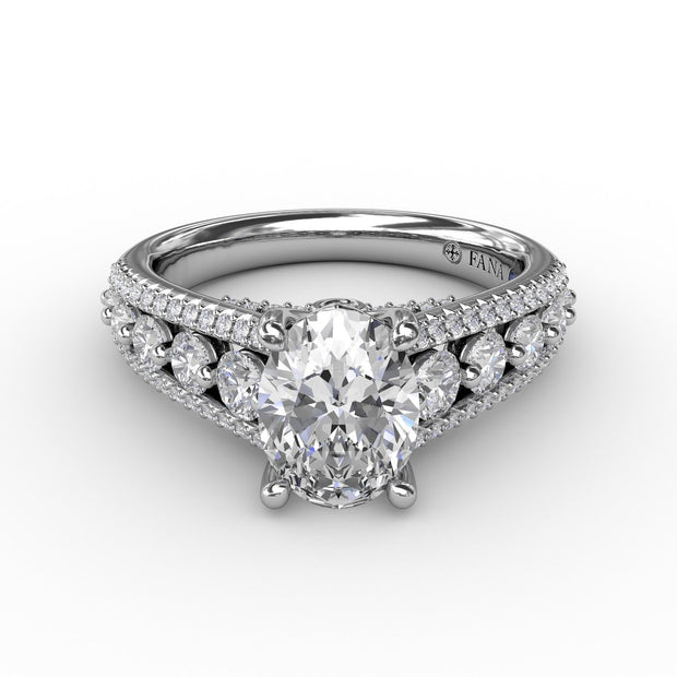 Classic Oval Diamond Solitaire Engagement Ring With Triple-Row Diamond Band