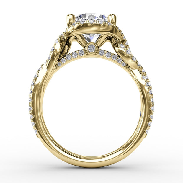 Contemporary Round Diamond Halo Engagement Ring With Twisted Vine Shank