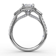 Three-Stone Diamond Halo Engagement Ring With Baguette Side Stones