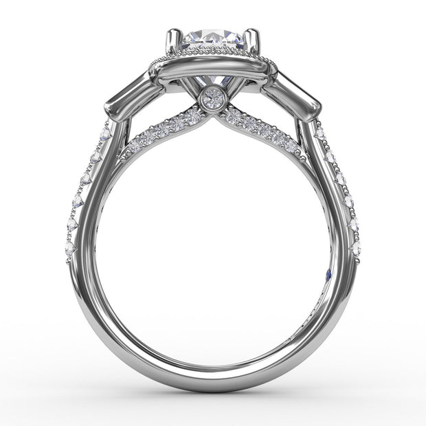 Three-Stone Diamond Halo Engagement Ring With Baguette Side Stones