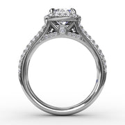 Cushion-Shaped Diamond Halo Engagement Ring With Triple-Row Diamond Band