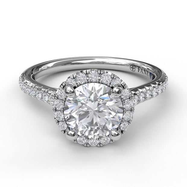 Delicate Round Halo And Pave Band Engagement Ring