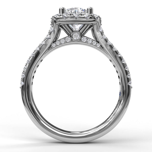 Cushion Halo Engagement Ring with a Diamond Encrusted Split Band
