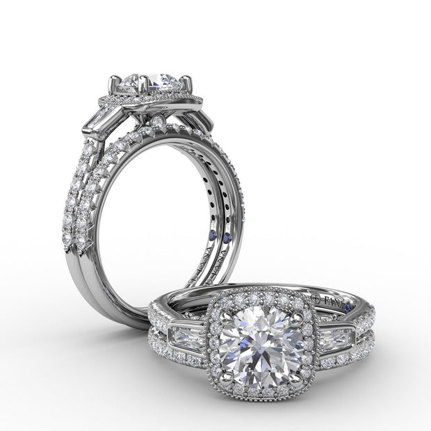 Three-Stone Diamond Halo Engagement Ring With Baguette Side Stones